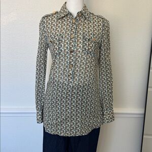 Tory Burch Blue and Gold Block Print Elephant Tunic